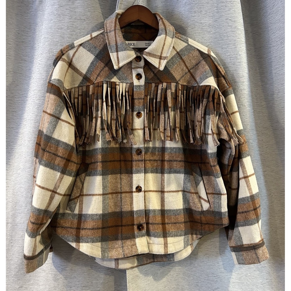 BKE Fringe Shacket Jacket Flannel Brown plaid country Western‎ Women's Small